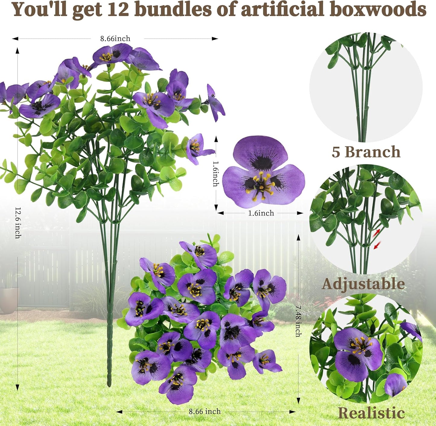 12 Bundles Artificial Fake Pansy Flowers for Outdoor - Yellow, White & Purple Faux Pansies Flowers, Fake Flowers for Outdoor Planters, Porch, Garden, Window Boxes, and Home Decoration