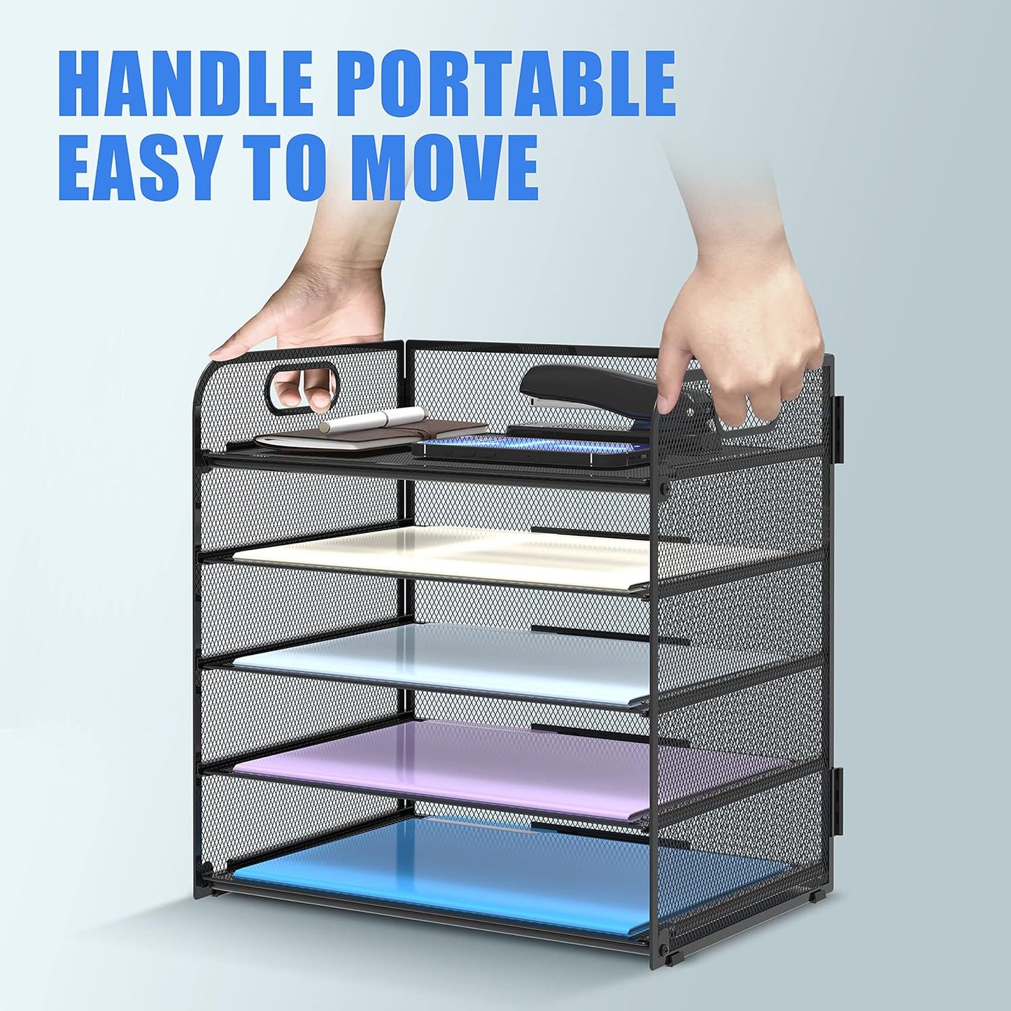 Supeasy 5 Trays Paper Organizer Letter Tray with Handle-Mesh Desk File