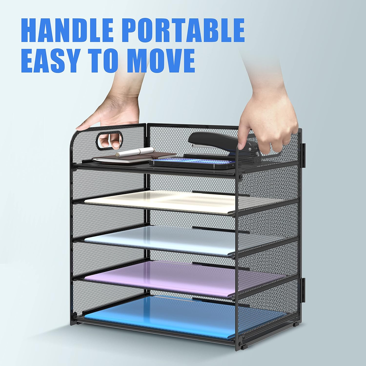 Supeasy 5 Trays Paper Organizer Letter Tray with Handle-Mesh Desk File