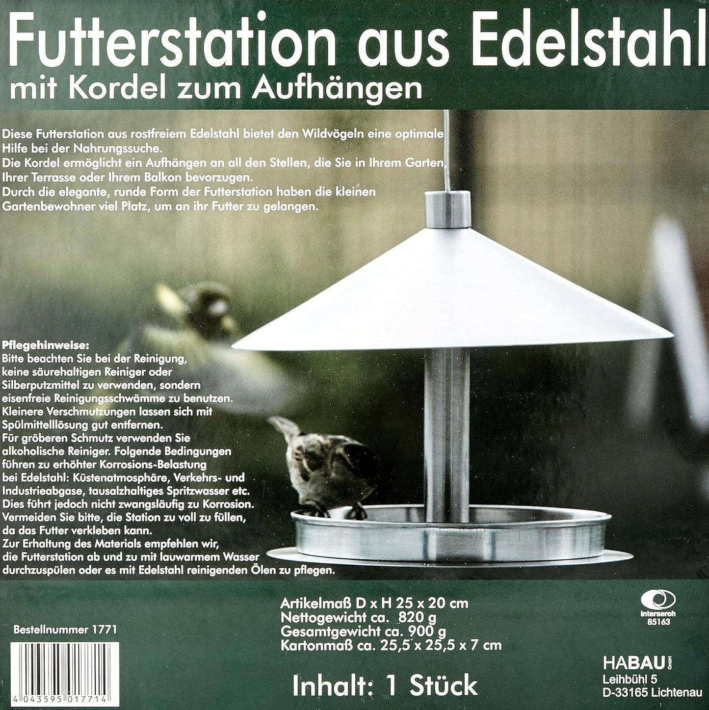 Habau 1771 Stainless Steel Feeding Station with Cord for Hanging Up