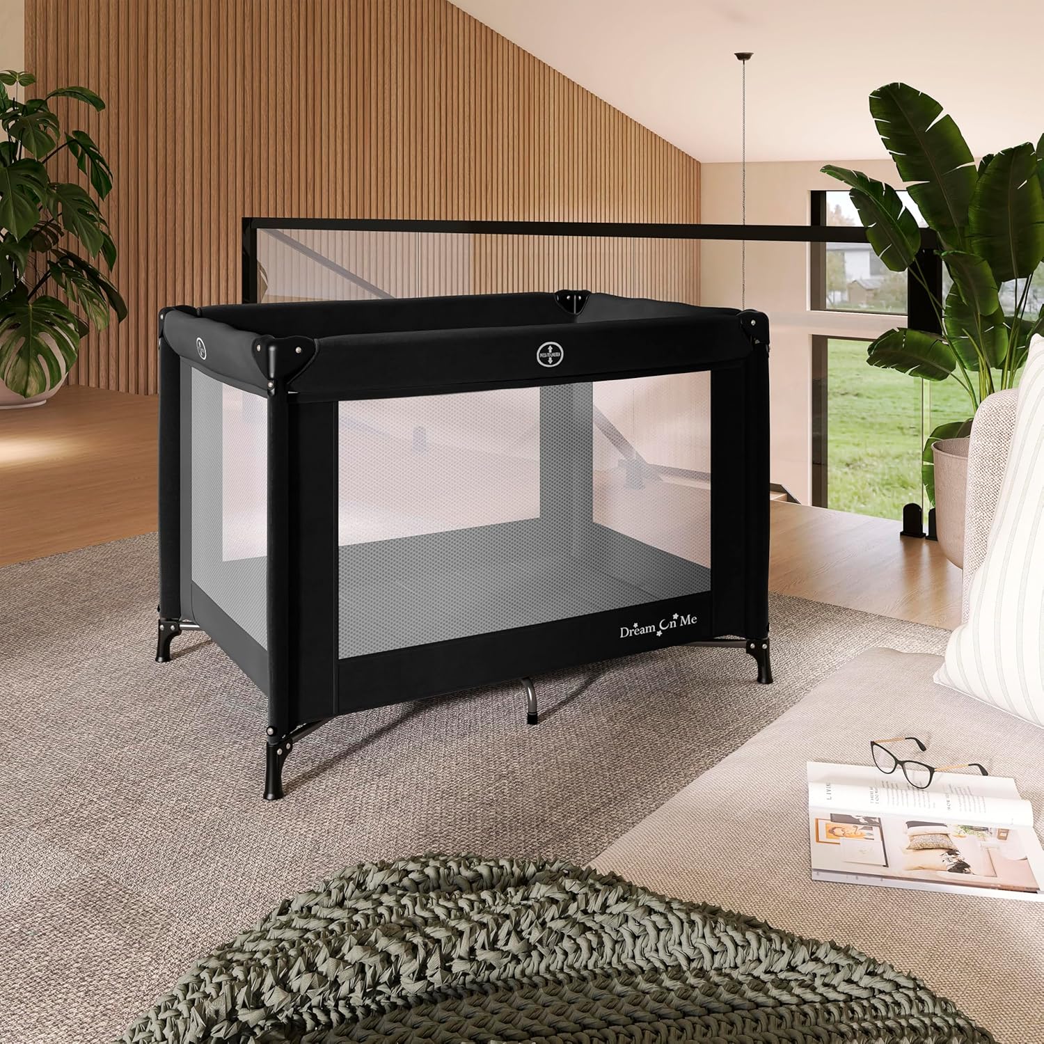 Dream On Me Nest Portable Playard in Black with Carrybag an Shoulder S