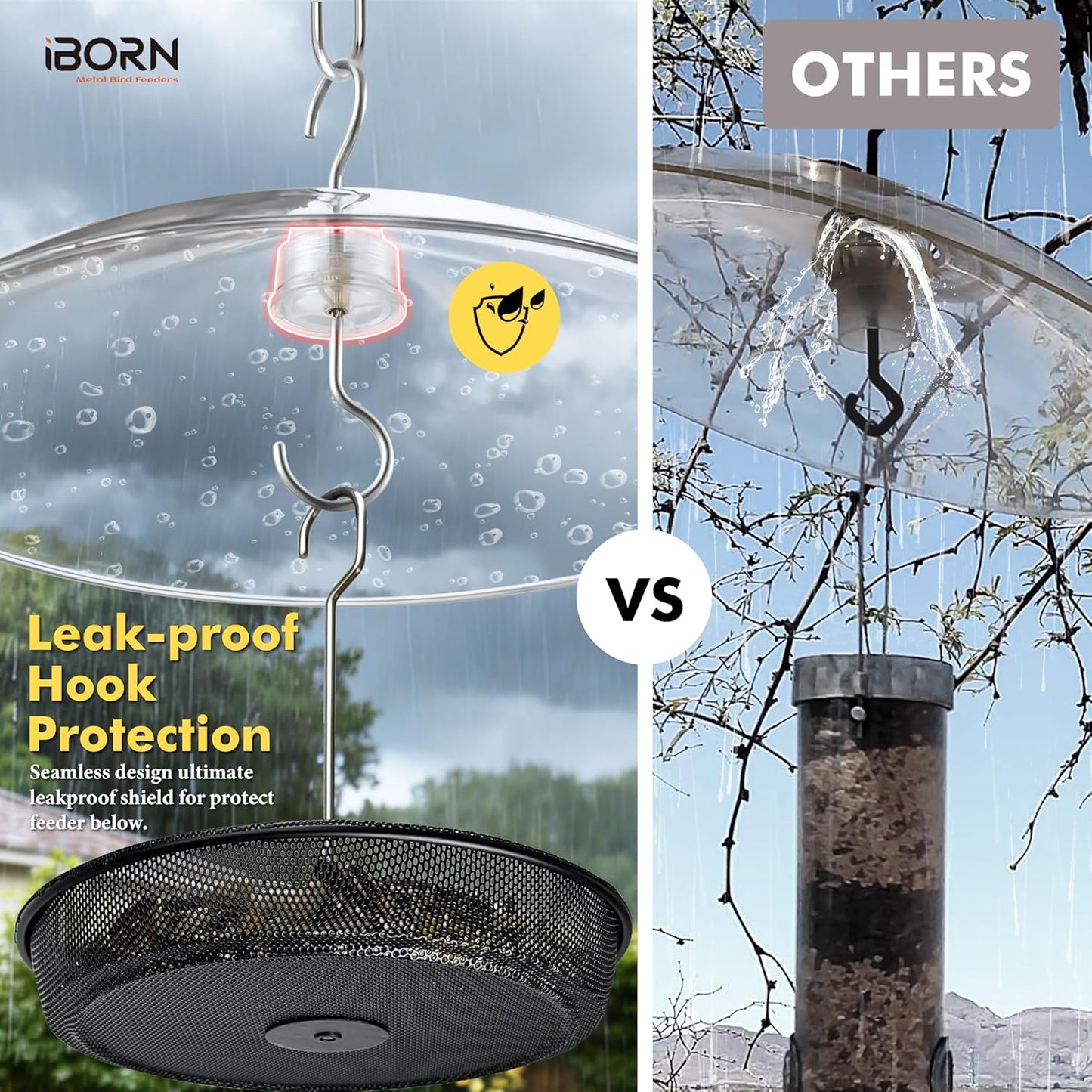 iBorn Hanging Bird Feeder Tray & Rainroof Cover, Bird Feeder Bowl with 13”Bird Feeder Cover for Rain Guard, Chew-Proof Polycarbonate & Thick Metal Hanger, Easy to Refill & Clean, Transparent & Black