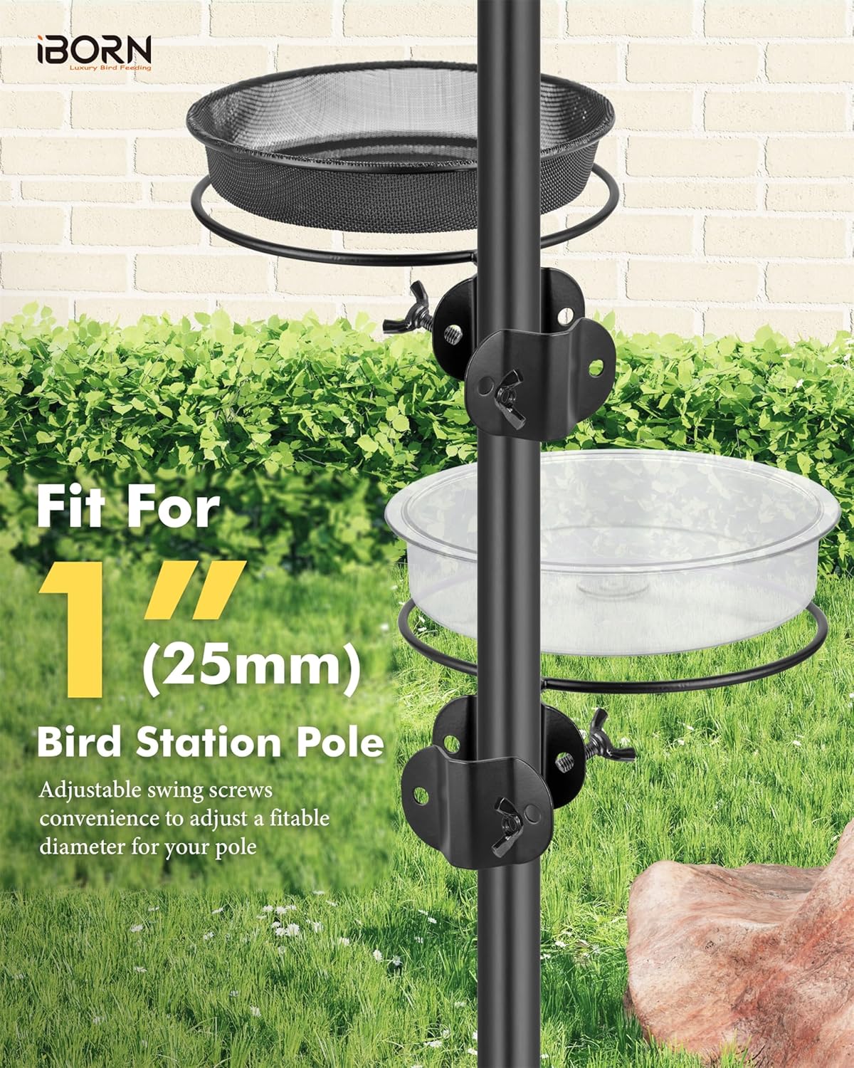 iBorn Bird Feeders Station Mesh Tray and Ring for 1” Pole Stand Station Outdoor Accessory for Humming Bird Feeders for Outside,Fit for 1 Inch Pole, Pack of 1 (Mesh & Water Tray, Pack of 2)