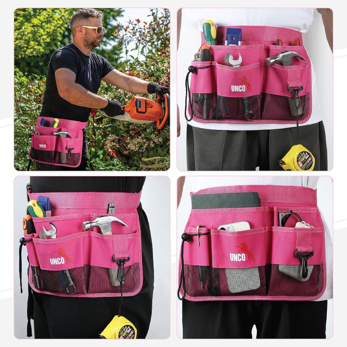UNCO- Adjustable Gardening Belt, Pink, 7 Pockets, Wear, Cut and Water Resistant, Garden Tool Belt Pouch, Waist Apron with Pockets