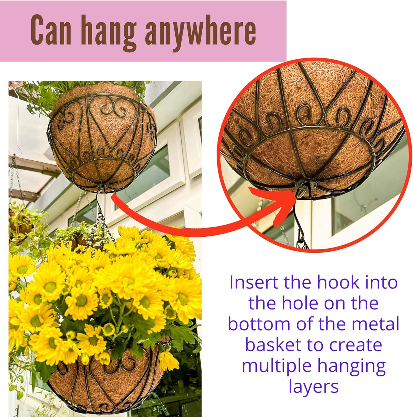 LaLaGreen Hanging Baskets for Plants (14 Inch, 4 Pack) Hanging Flower Pots with Coco Liner, Black Metal Wire Round Basket Plant Holder with Hanger Hook Chain, Outdoor Patio Deck Balcony Garden Decor