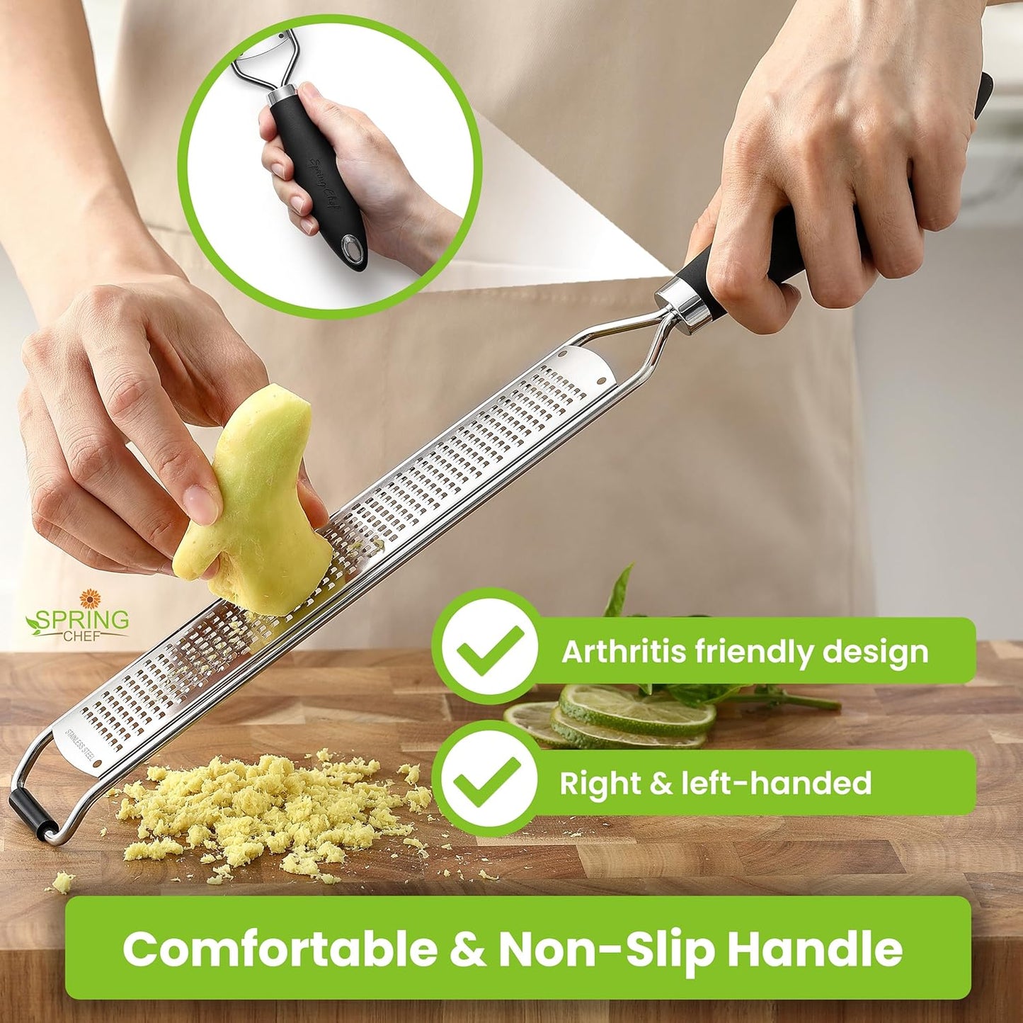 Spring Chef Stainless Steel Lemon Zester Grater with Handle - Garlic, Cheese, Parmesan, Nutmeg, Lime, Ginger Grater - Heavy Duty Kitchen Tool - Citrus Zester with Blade Cover - Fine Shred - Black