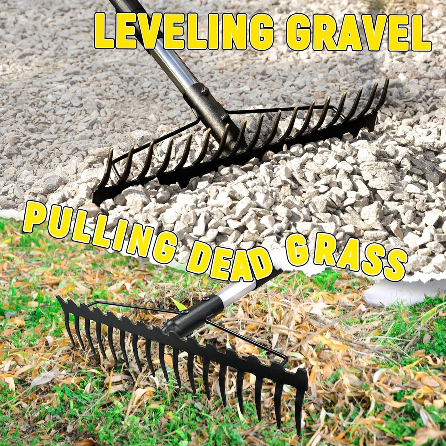 Bow Rake, 68-Inch Adjustable Handle Garden Rake with 17 Steel Tines, H