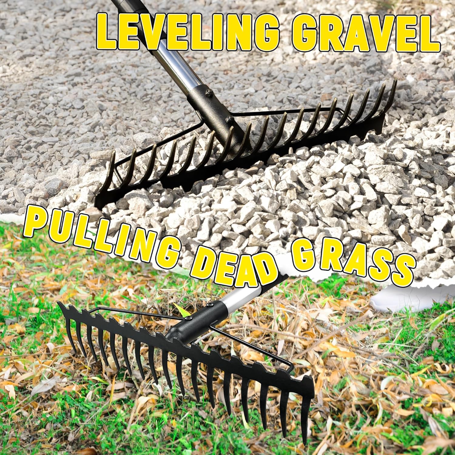 Bow Rake, 68-Inch Adjustable Handle Garden Rake with 17 Steel Tines, H