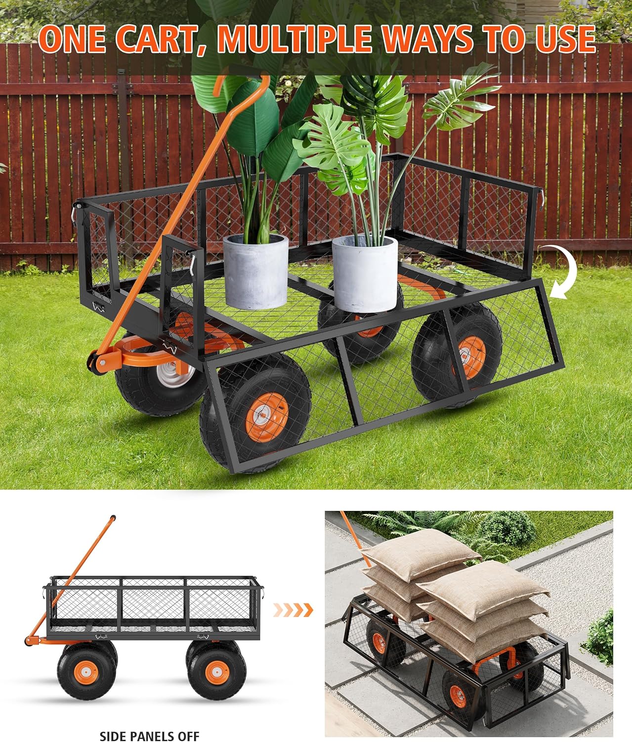 Heavy Duty 900 Lbs Capacity Steel Garden Cart, 3-in-1 Utility Metal Wa