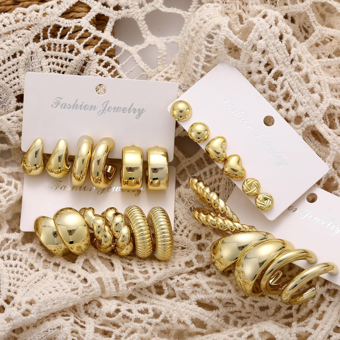12 Pairs Chunky Gold Hoop Earrings for Women Trendy, Gold Plated Light