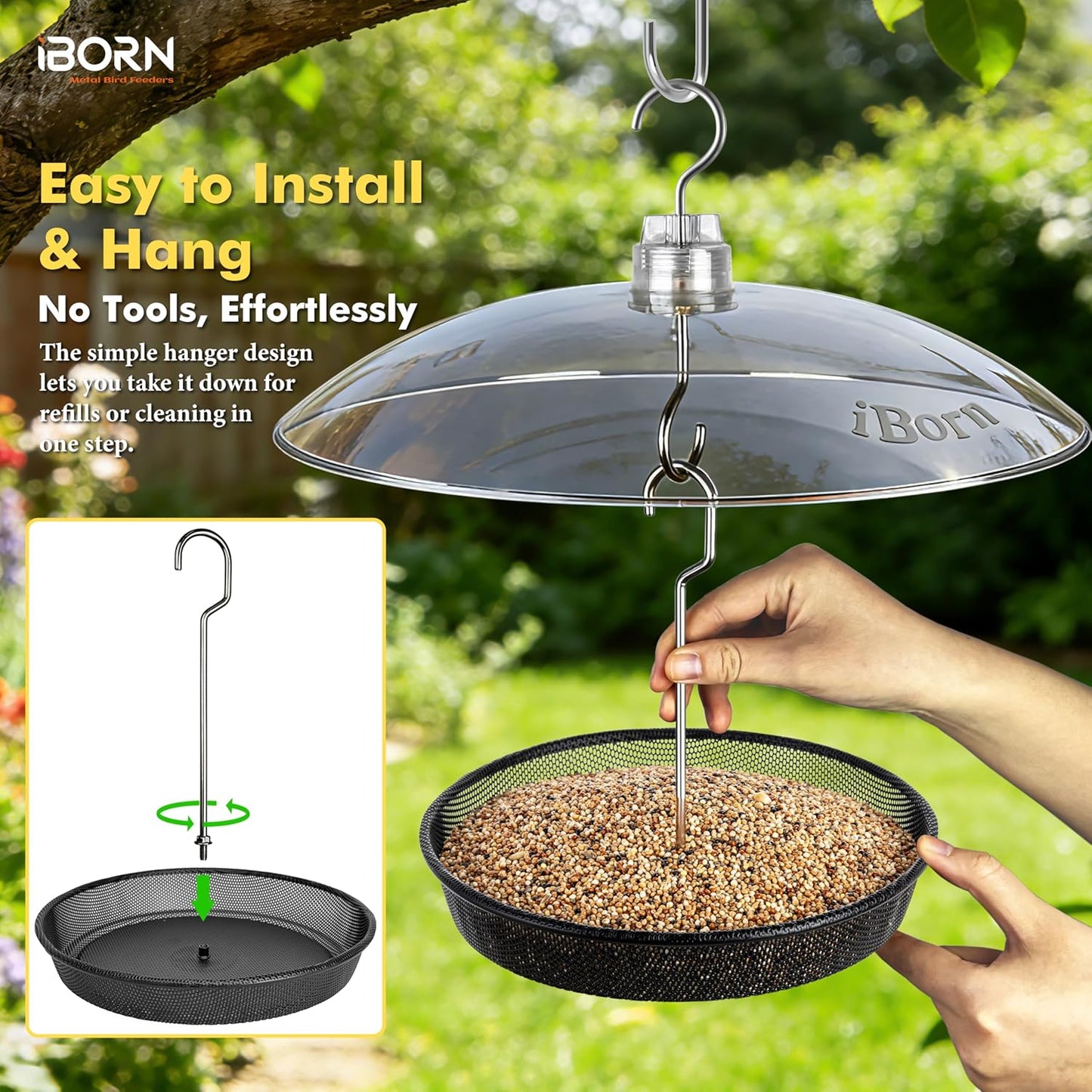 iBorn Hanging Bird Feeder Tray & Rainroof Cover, Bird Feeder Bowl with 13”Bird Feeder Cover for Rain Guard, Chew-Proof Polycarbonate & Thick Metal Hanger, Easy to Refill & Clean, Transparent & Black