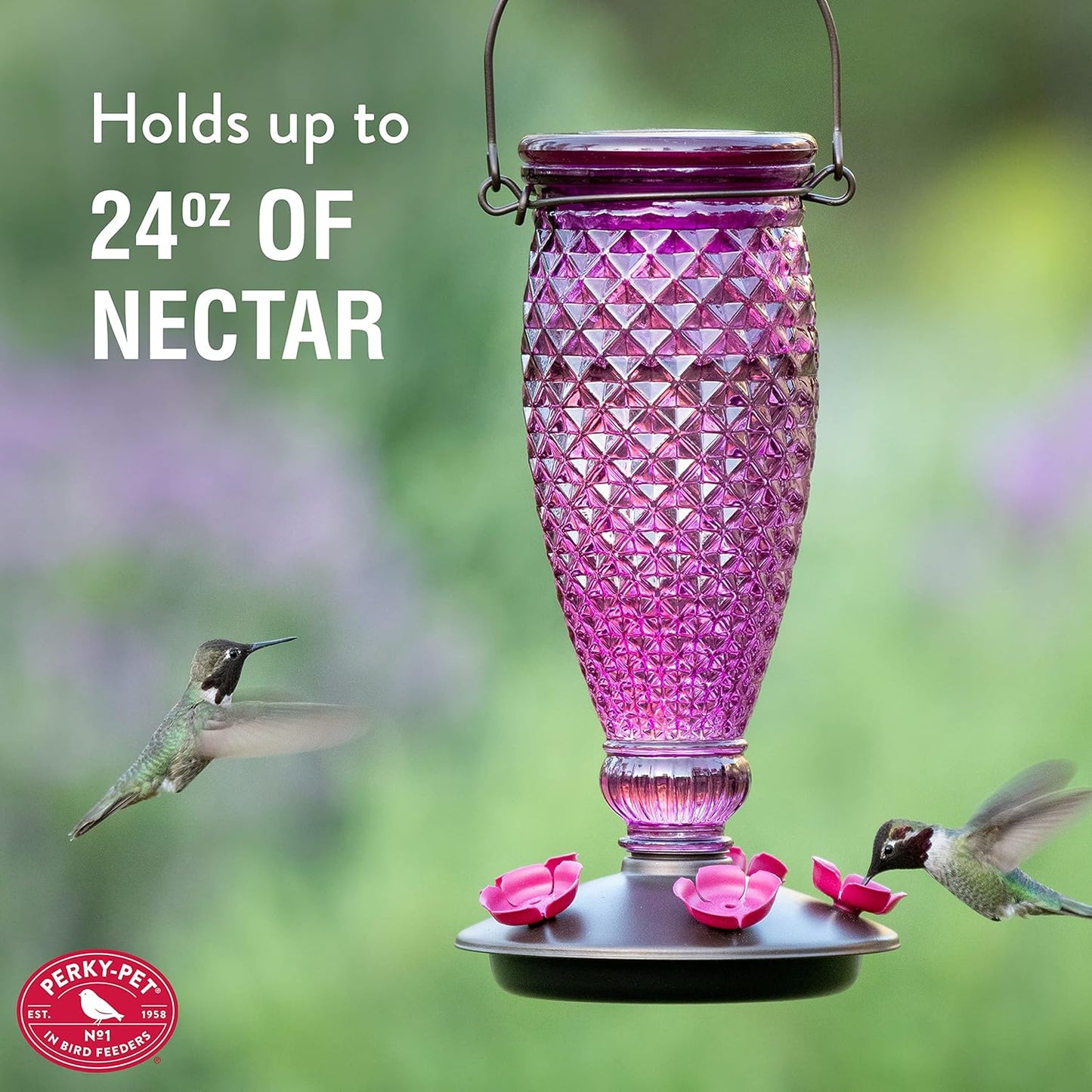 Perky-Pet 9102-1SR Purple Diamond Wine Top Fill Glass Hummingbird Feeder with Built-in Bee Guards - 24 oz+Perky-Pet 522 Ready-to-Use Clear Hummingbird Nectar in 4Cans,16oz Each Recyclable Aluminum Can