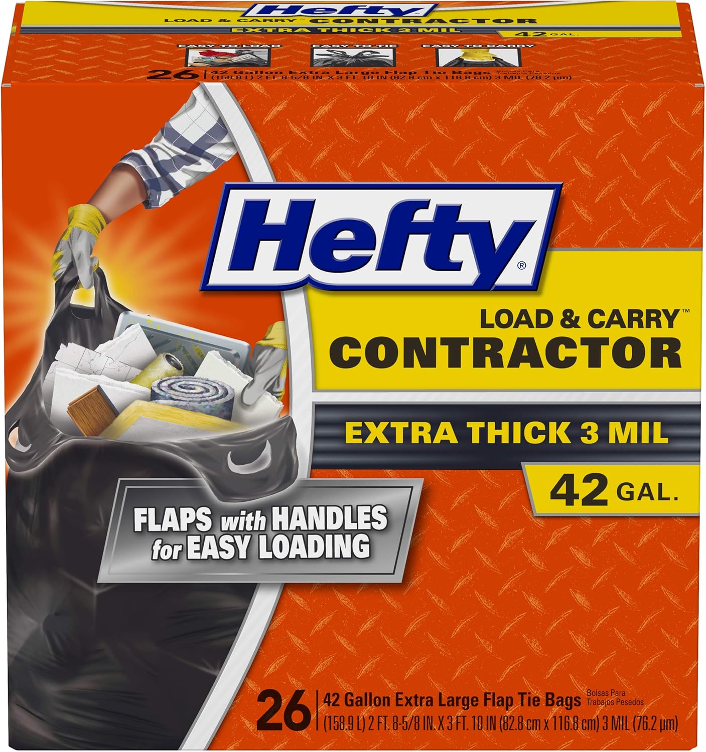 Hefty Load & Carry Heavy Duty Contractor Large Trash Bags, 42 Gallon, 