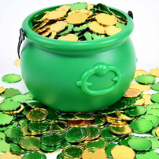 8 Inch St Patricks Day Green Pot with 120 Green & Gold Plastic Lucky Coins Candy Bucket Reusable Pot for St Patrick's Day Decorations Irish Lucky Festival Supplies
