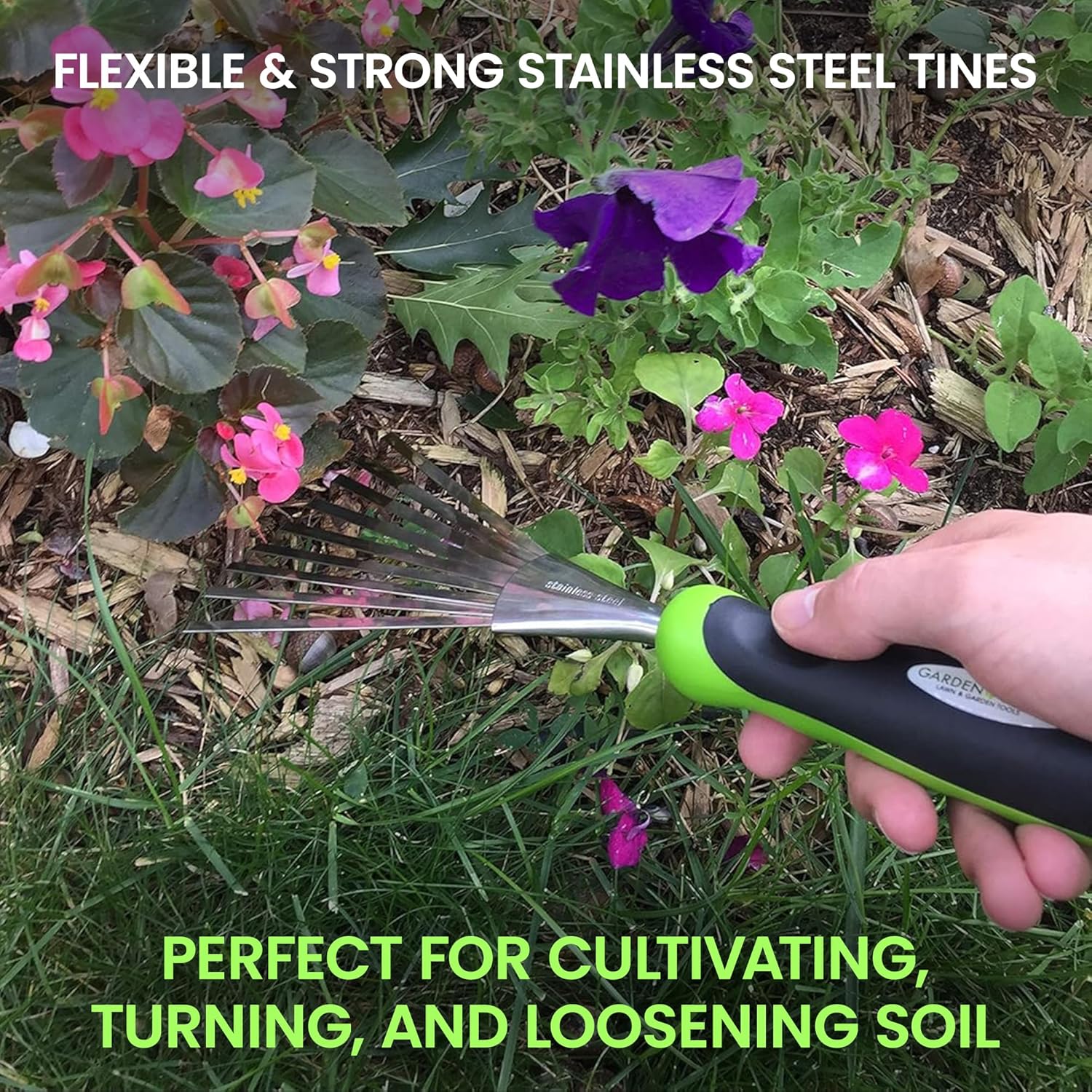 Garden Guru Stainless Steel Hand Rake Soil Tiller with Ergonomic Handl