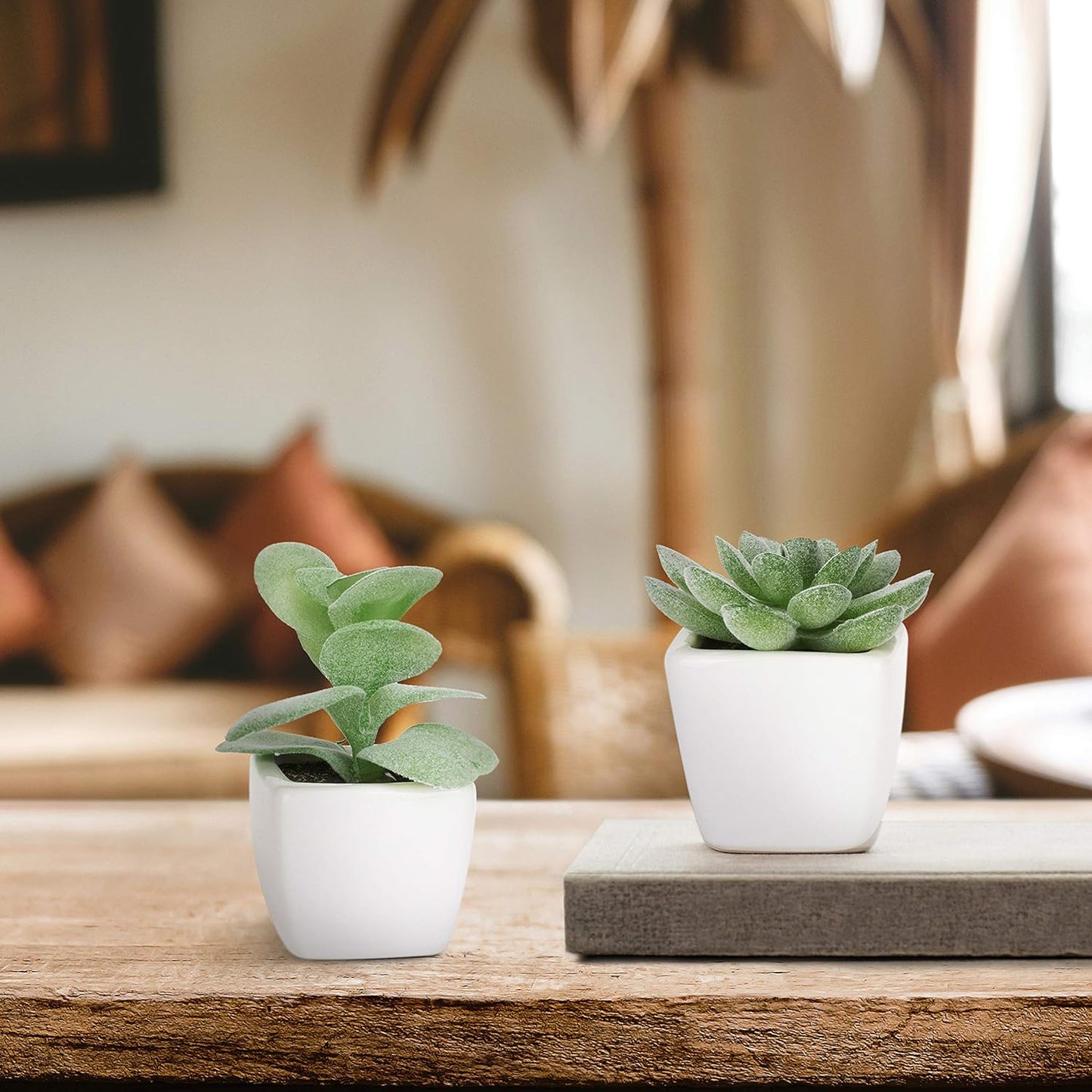 MyGift Set of 4 Mini Assorted Green Decorative Artificial Succulent Plants in Square White Glazed Ceramic Planter Pots
