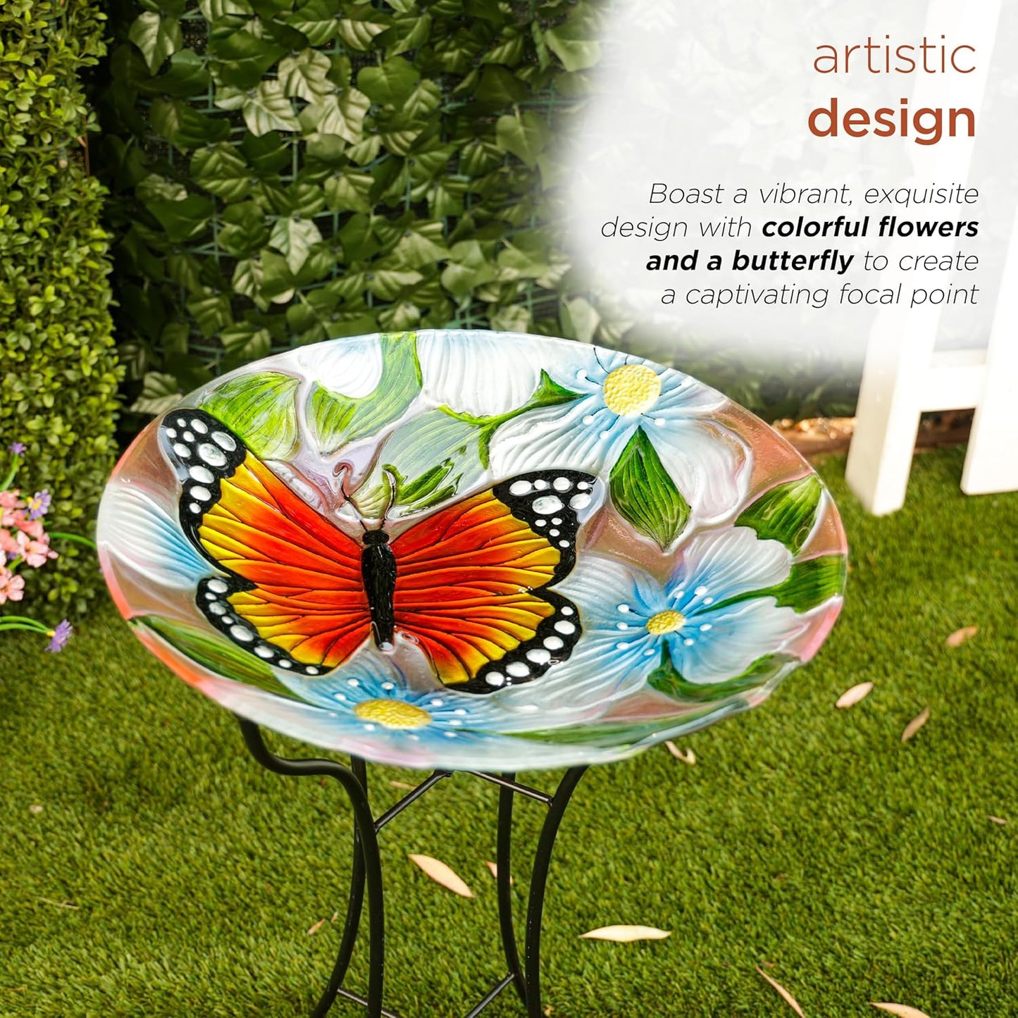 Alpine Corporation 26" Tall Outdoor Glass Floral Butterfly Birdbath wi