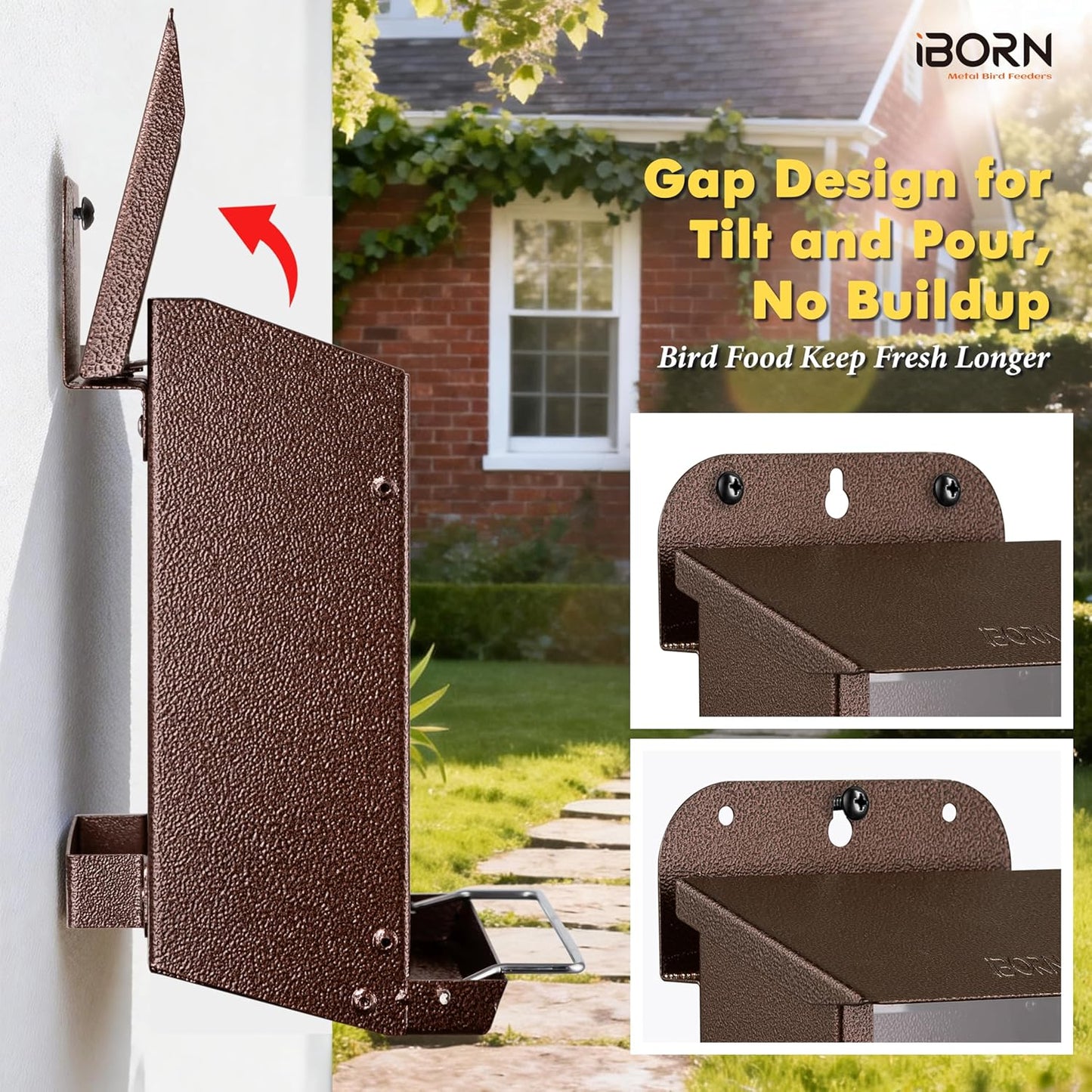 iBorn Bird Feeder for Outdoors, Wall Mounted Bird Feeder Weatherproof Metal Roof, Heavy Duty Metal Birdfeeder for Tree, Fence, Wall Screwed-in Mounting, All Detachable Easy Clean,1.3Lbs, Coffee
