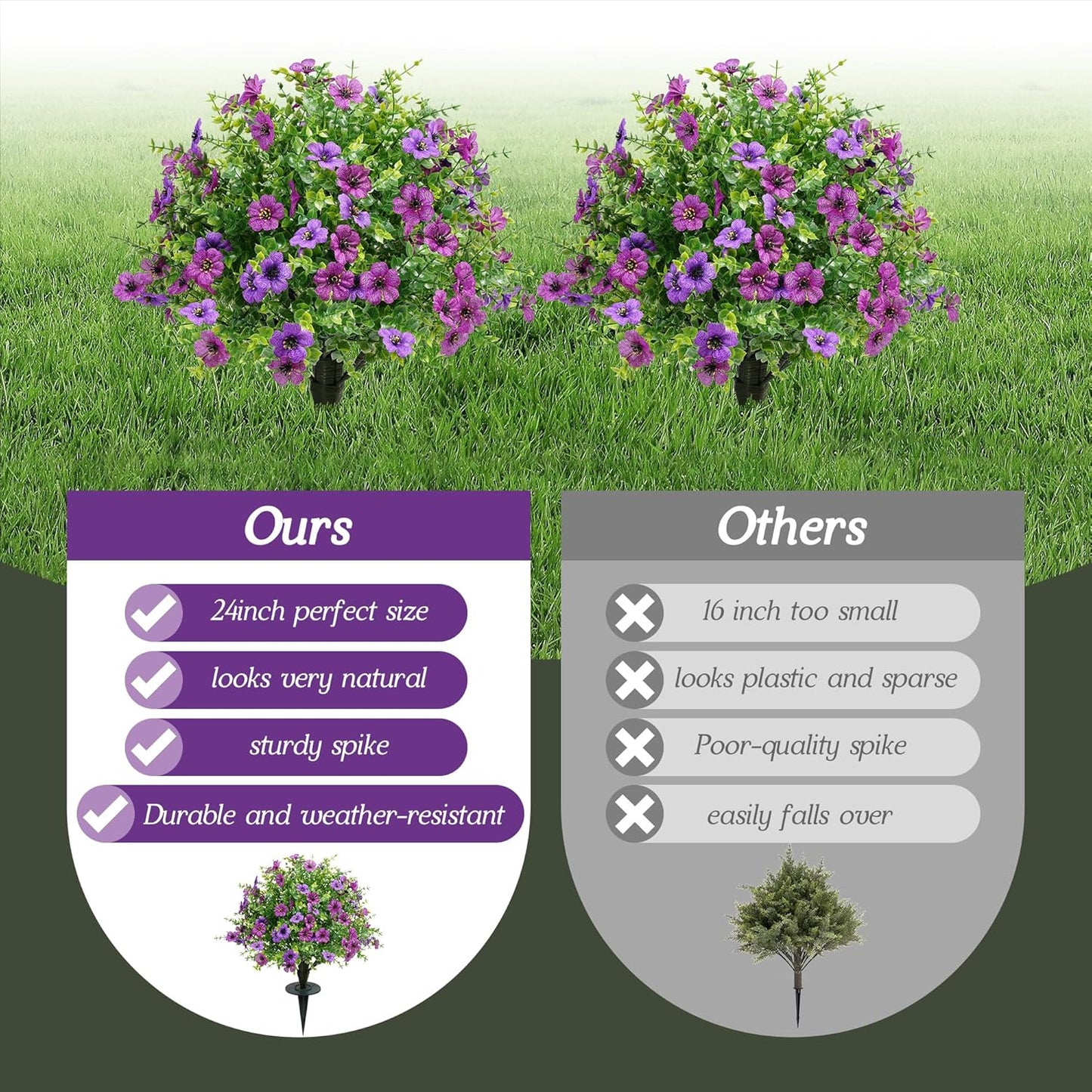 24Inch Artificial Purple Flower Boxwood Topiary Tree Set of 2 with Ground Spike, UV-Resistant & Waterproof Faux Greenery Low Maintenance Decor for Garden Patio Porch Entryway Indoor Outdoor