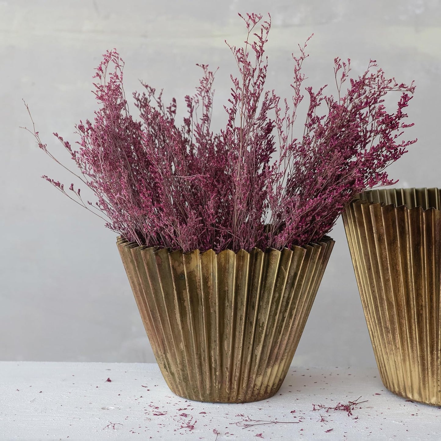Creative Co-Op Fluted Metal Vase with Distressed Finish, Antique Brass, Set of 2 Sizes
