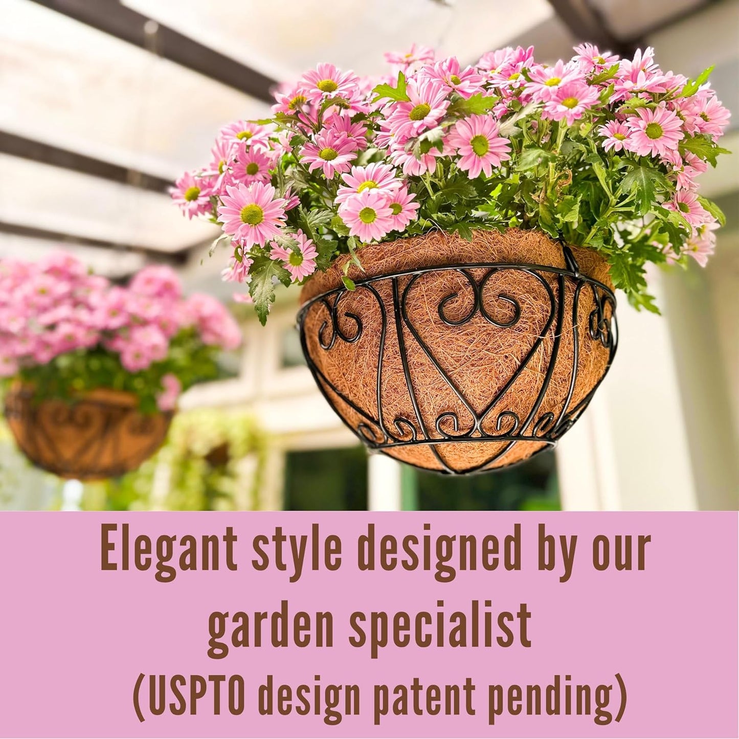 LaLaGreen Hanging Baskets for Plants (14 Inch, 4 Pack) Hanging Flower Pots with Coco Liner, Black Metal Wire Round Basket Plant Holder with Hanger Hook Chain, Outdoor Patio Deck Balcony Garden Decor