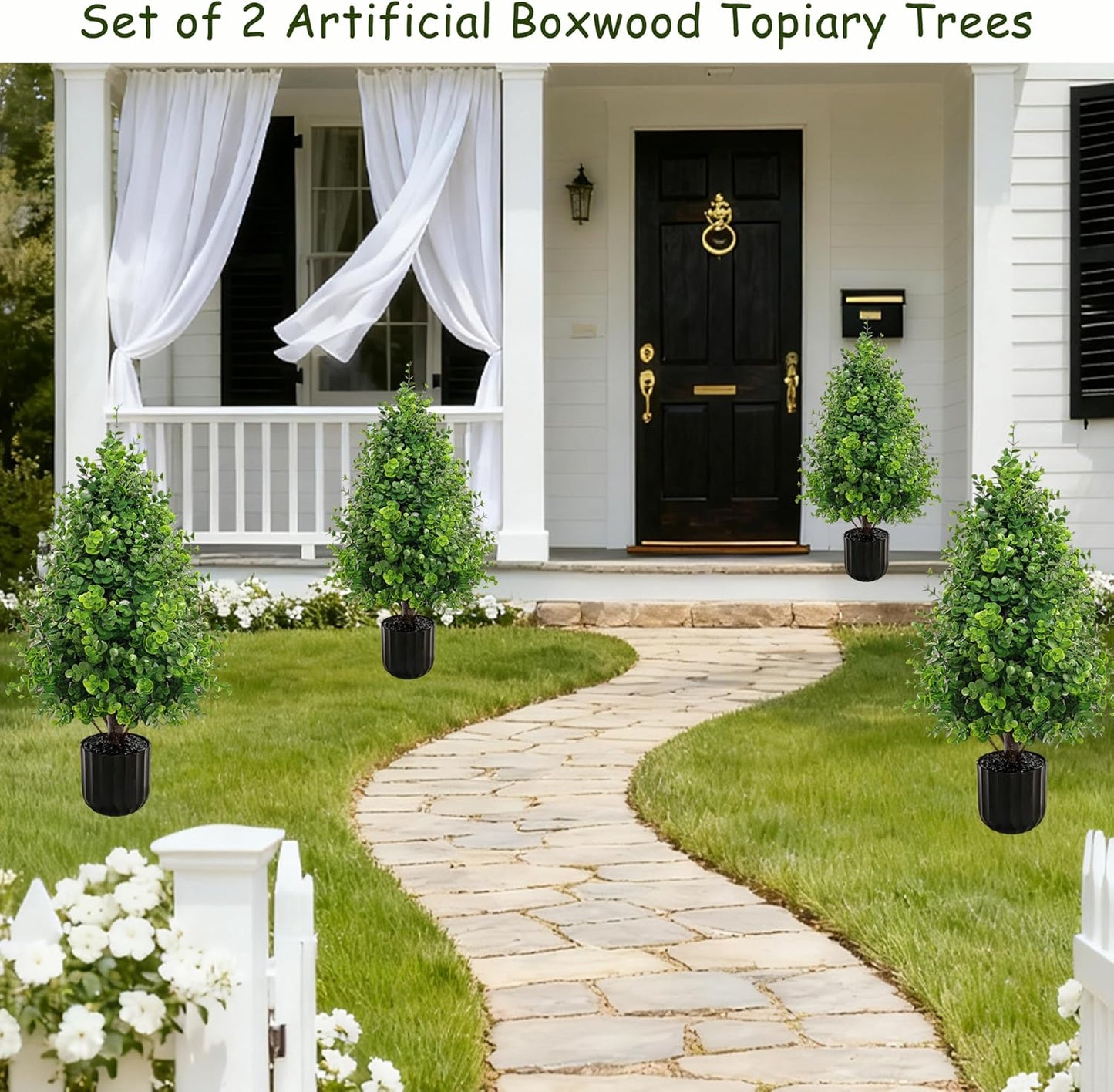 Artificial Cedar Topiary Boxwood Trees Oudoor Indoor Set of 2, 2.3FT Potted Faux Cypress Tree Plants with Pot, UV Rated Fake Evergreen Stems Tree for Outdoor Planters Front Door Offices