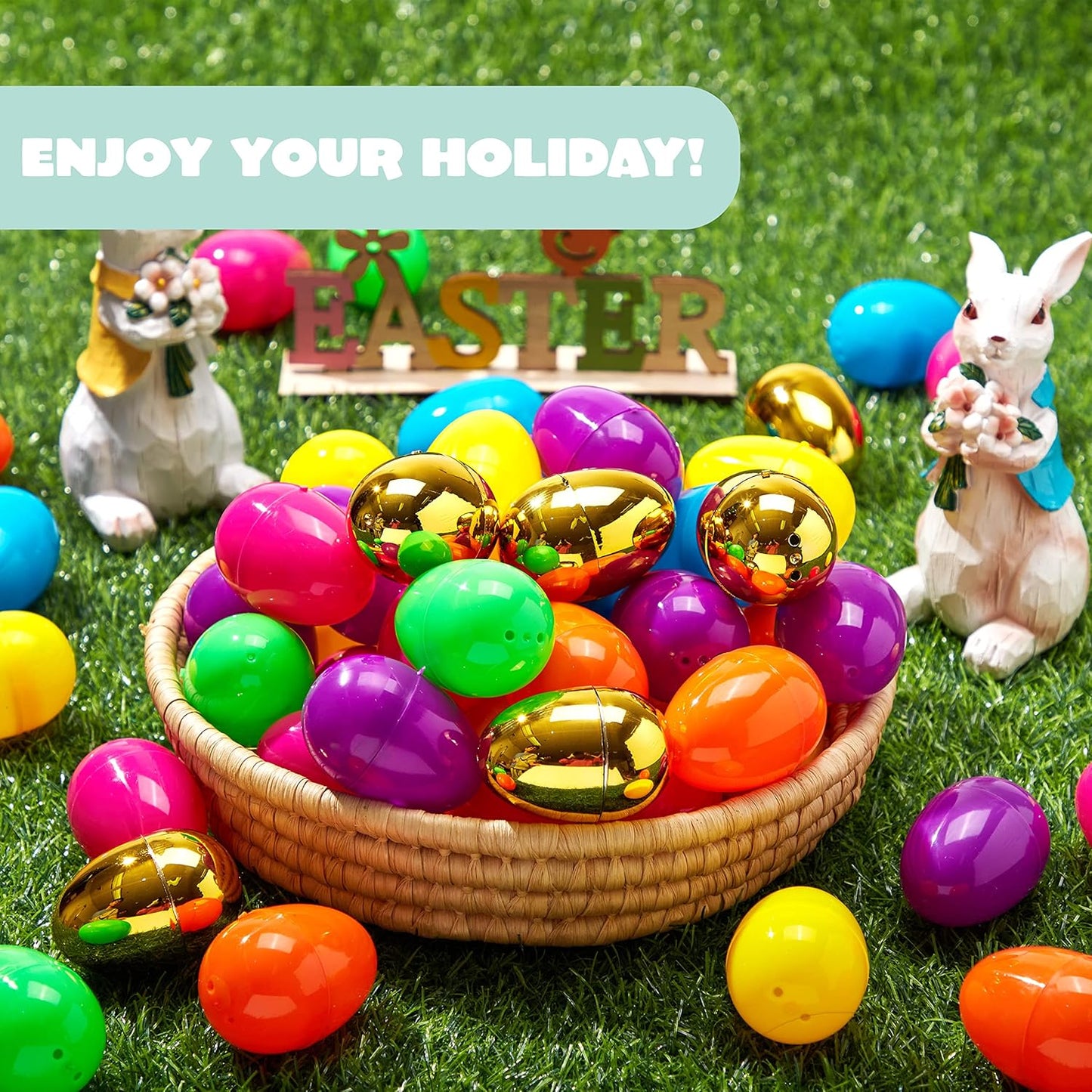 JOYIN 50PCS Plastic Easter Eggs, Empty 2.3" 44PCS Colorful with 6PCS Golden Eggs Bulk Fillable for Easter Hunt Party Favor Basket Stuffers Filler Classroom Prize Supplies Decor