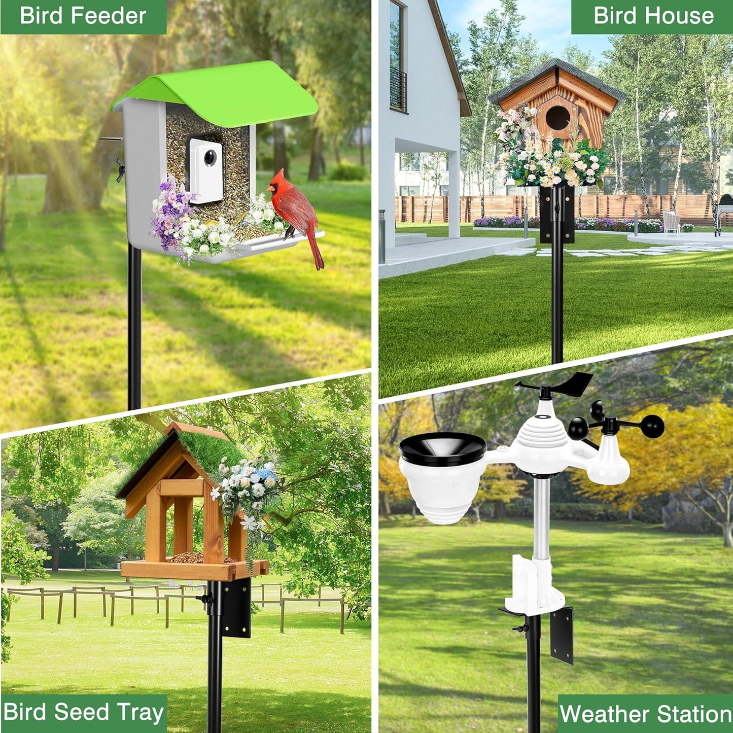 Bird House Pole, 95 Inch Heavy Duty Bird Feeder Pole Mount Kit for Outdoors, Adjustable Feeding Stand, with 2-Hooks, Metal Squirrel Baffle and 5-Prong Base, for Birds Watching