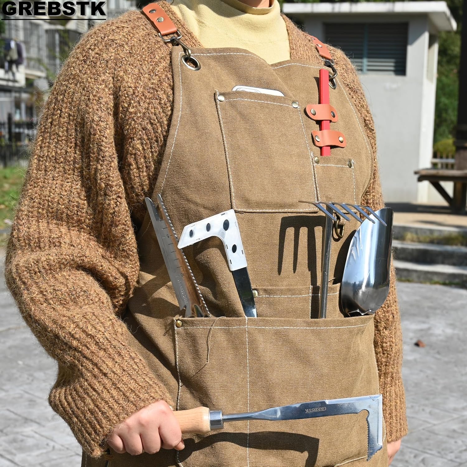 GREBSTK Work Apron Cross Back Adjustable Canvas Tool Apron for Woodwor