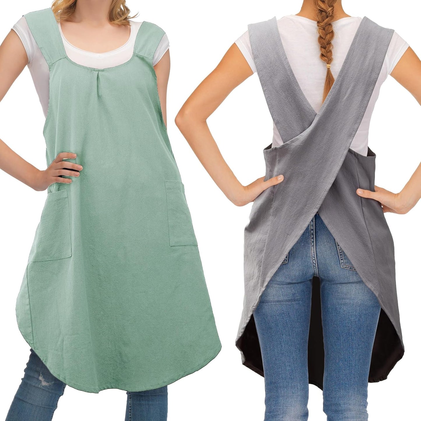 JaGely 2 Pack Japanese Linen Cross Back Kitchen Cooking Aprons for Wom