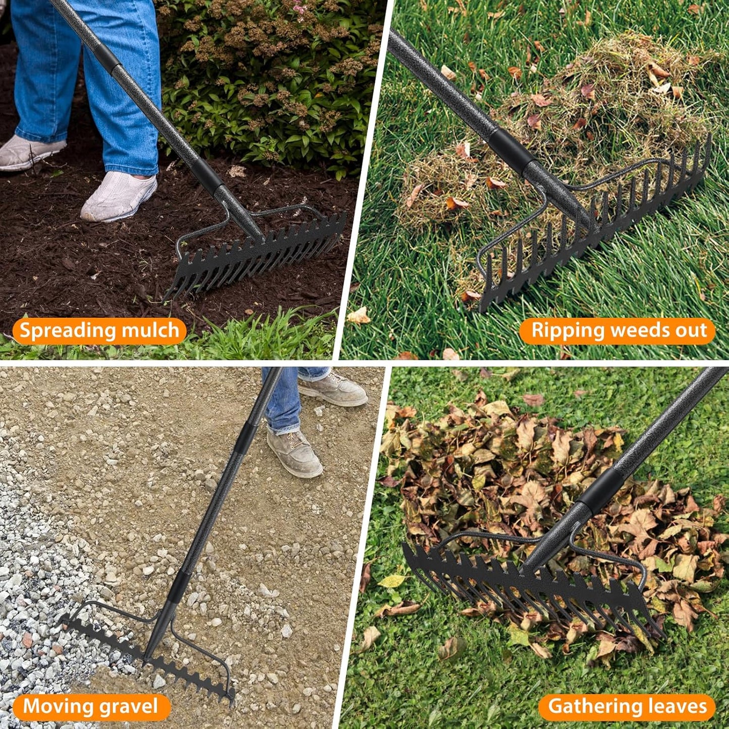Garden Rake, 63 Inch Long Handle with 17 Tongs, Heavy Duty Metal Bow R