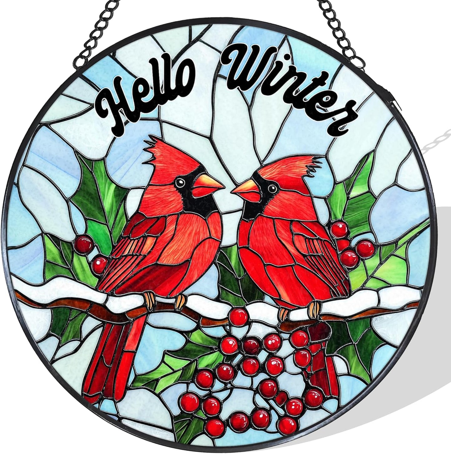 Cardinal Stained Glass Window Hanging Suncatcher, Hello Winter Christmas Bird Sun Catcher Indoor Window Decor, Cardinal Christmas Painted Glass Round Wall Hanging Decorations, 7.8x7.8 in