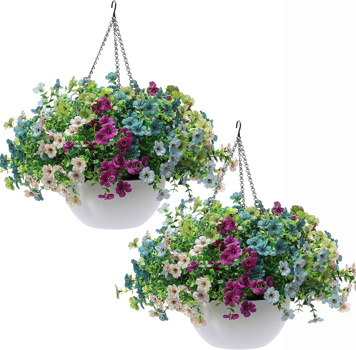 Artificial Hanging Flowers Basket for Outdoors, 30 Pack UV-Resistant Fake Colorful Silk Daisy Flowers (2 White Planters+30 Flowers(Green/Teal/Purple/Blue/Champagne))
