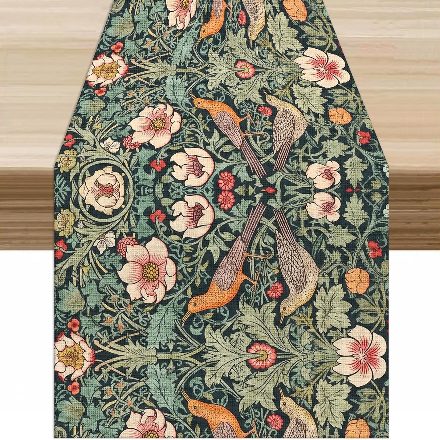 William Morris Table Runner, Vintage Rustic Green Old Flower Flower Plant Leaf Nature Bird Table Decor Tabletop Dining Kitchen Wedding Party 13x90 Inch