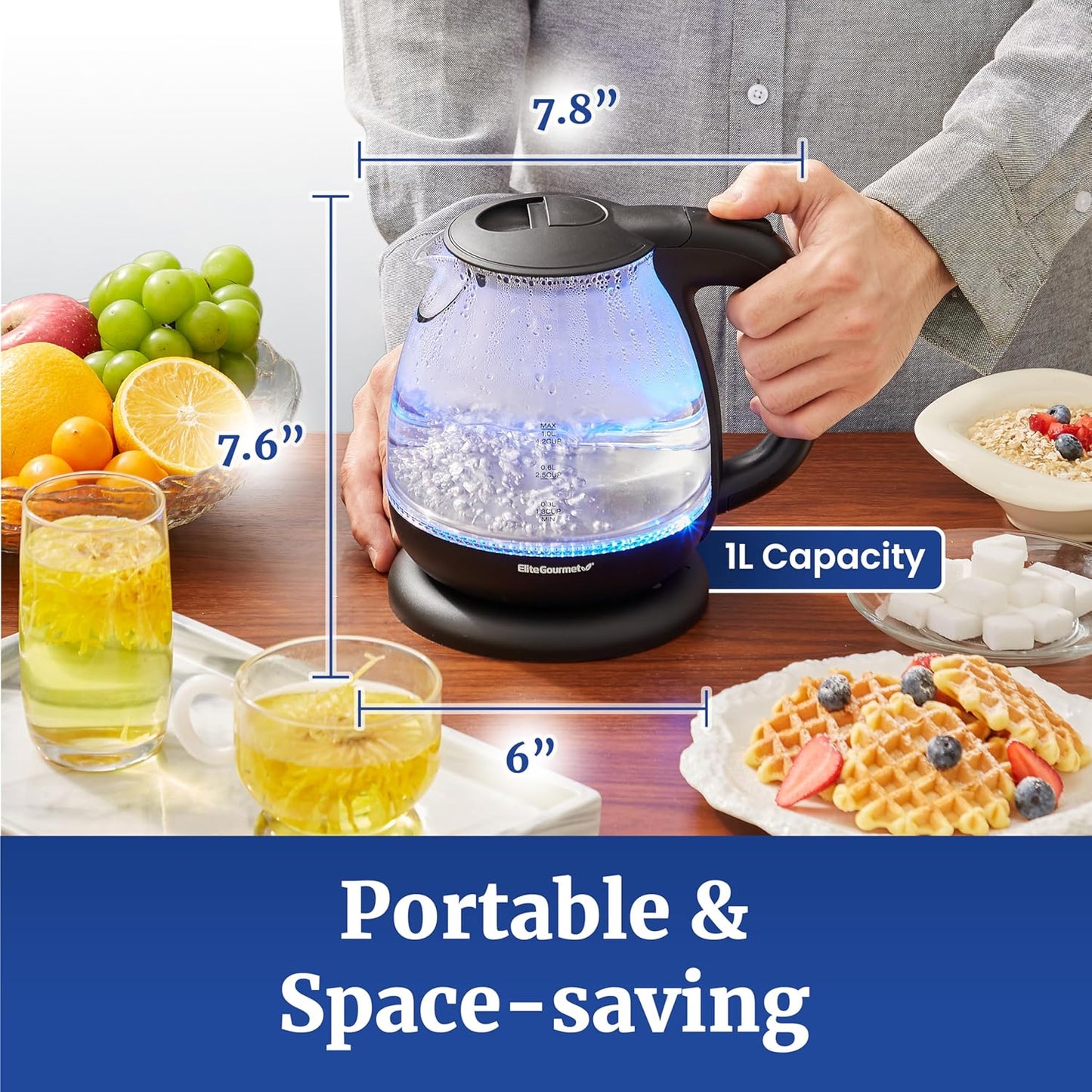 Elite Gourmet EKT1001 Electric 1.0L BPA-Free 1100W Glass Kettle Cordless 360° Base, Stylish Blue LED Interior, Handy Auto Shut-Off Function – Quickly Boil Water For Tea & More, Black