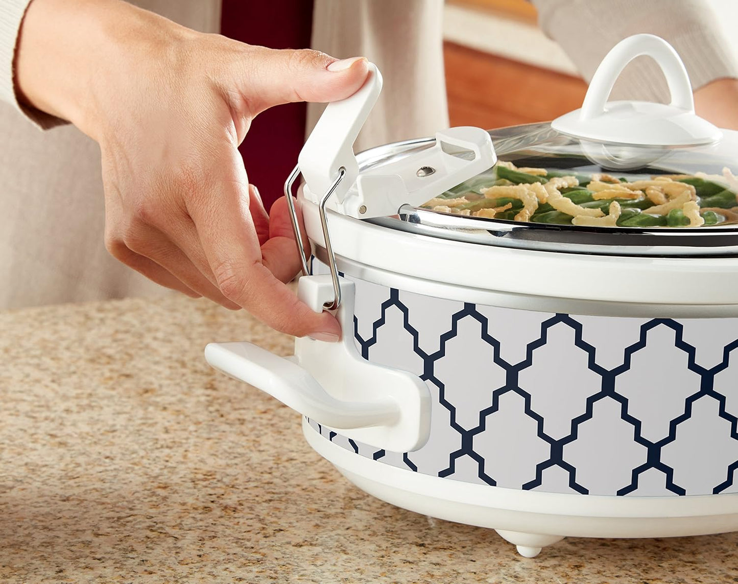 Crock-Pot 소형 2.4L(2.5쿼트) 캐서롤 슬로우 쿠커, 화이트/블루, 눈길을 사로잡는 빠른 식사를 즐기기, 내구성 