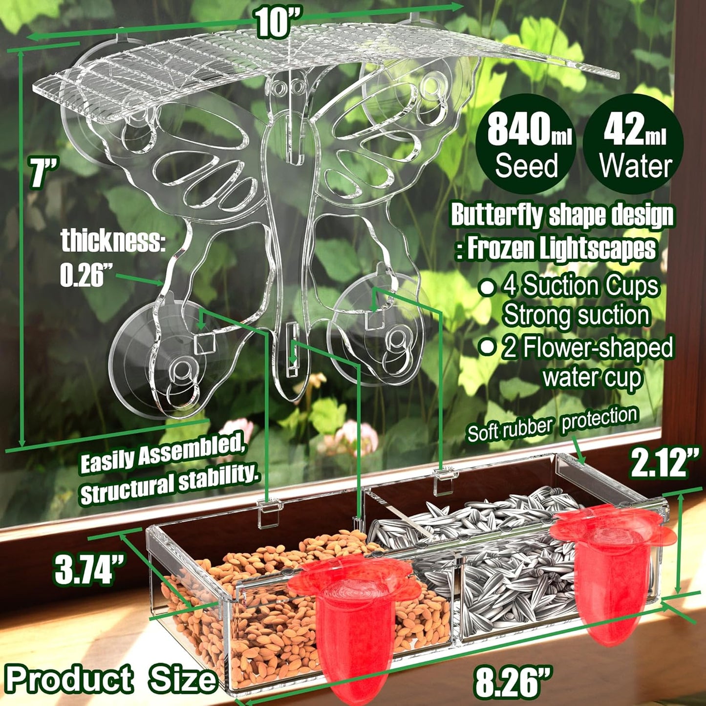 Clear Window Bird feeders with Strong Suction Cups,Butterfly-Shaped Acrylic Window Mount Bird Water feeders for Outdoors Squirrel Proof,Window Bird feeders for Viewing Cats House Gift,Garden Decor;