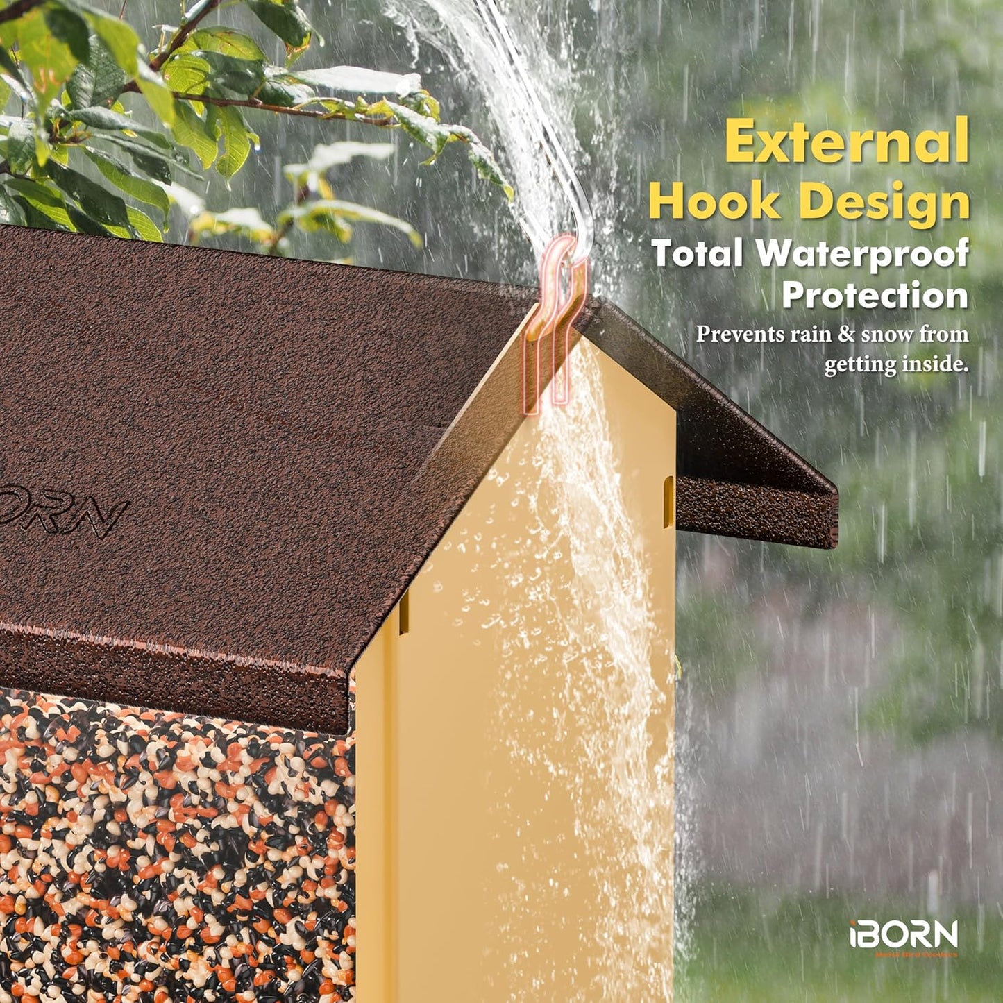 iBorn Bird Feeders for Outdoors,Bird Feeder with Weatherproof Metal Roof & 8 Drain Holes,Fully Detachable Birdfeeder Design,Easy to Refill & Clean,Chew-Proof PC Windows,3.2 Lbs Capacity,Coffee Roof