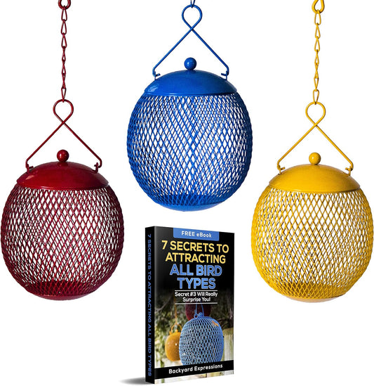 Backyard Expressions 3-Pack Metal Mesh Bird Feeders for Outdoors – Red, Blue & Yellow Squirrel-Resistant Hanging Feeders for Cardinals, Finches & Songbirds – Durable All-Weather Design