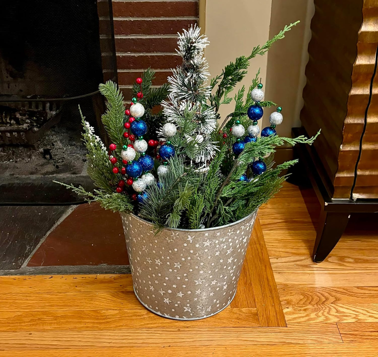 Worth Imports Galvanized Metal Christmas Planter Bucket with White Stars and Dots, 11.5" Height, 12.5" Diameter, Set of 2
