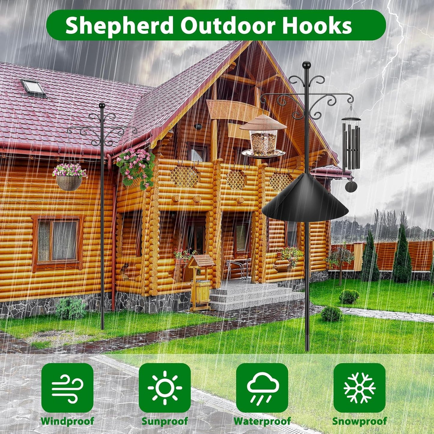 Bird Feeder Pole for Outdoors Heavy Duty Squirrel Proof, 2 Pack 108 Inch Adjustable Tall Shepherds Hooks for Outdoor with 7 Prongs Base, Double Shepherd Hooks (2 Pack Black, 108 Inch)