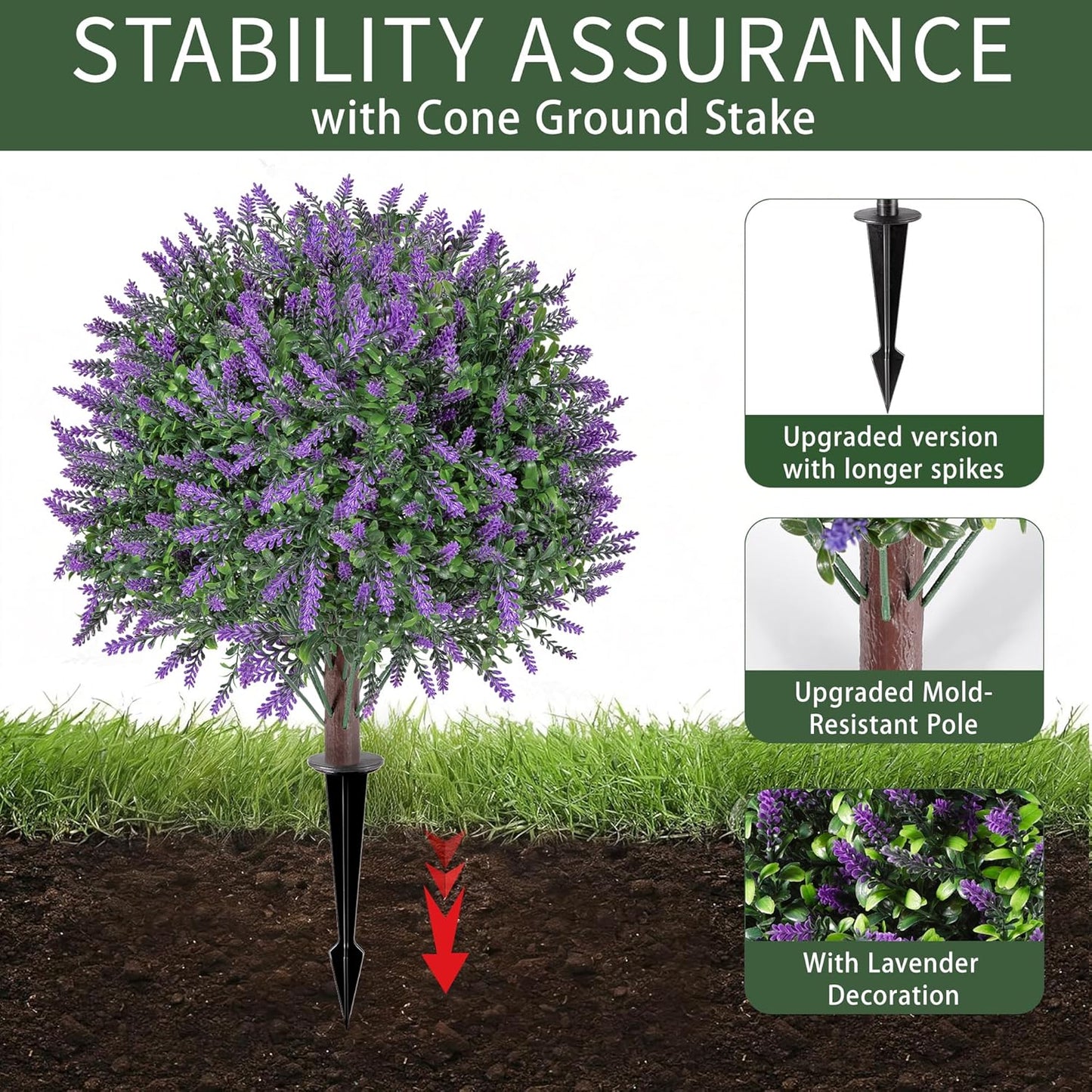 QCQHDU Artificial Lavender Topiary Ball Bush for Outdoor,26.3" Fake Trees Evergreen Plants with Ground Spike,UV Resistant Faux Shrubs for Indoor,Garden,Yard,Front Porch,Patio,Office Decor,2 Pack