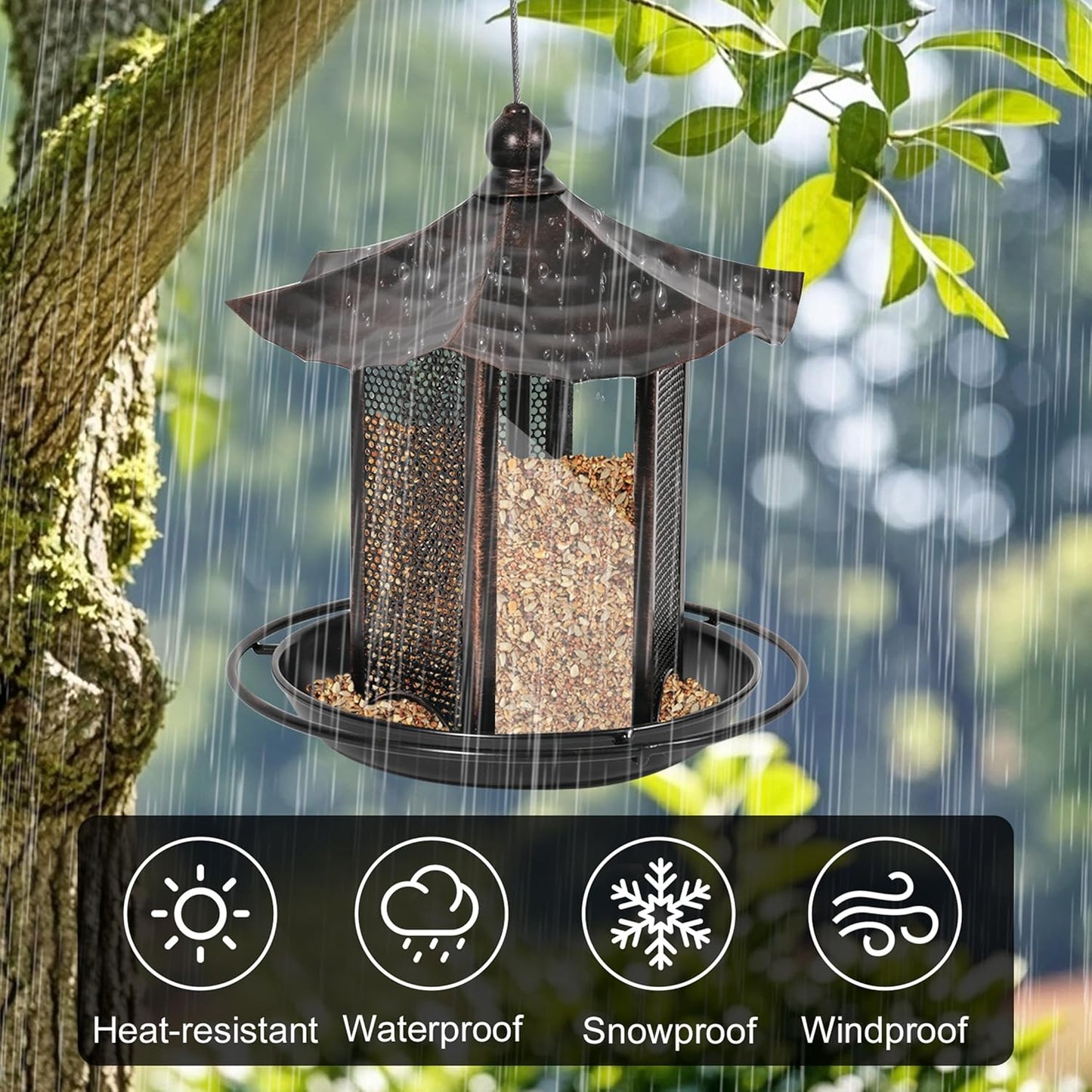 CVHOMEDECO. Bird Feeders for Outdoors Hanging Metal Bird Feeder for Wild Bird, Garden Yard Outside Decor. Hexagon Shaped with Roof, Antique Copper