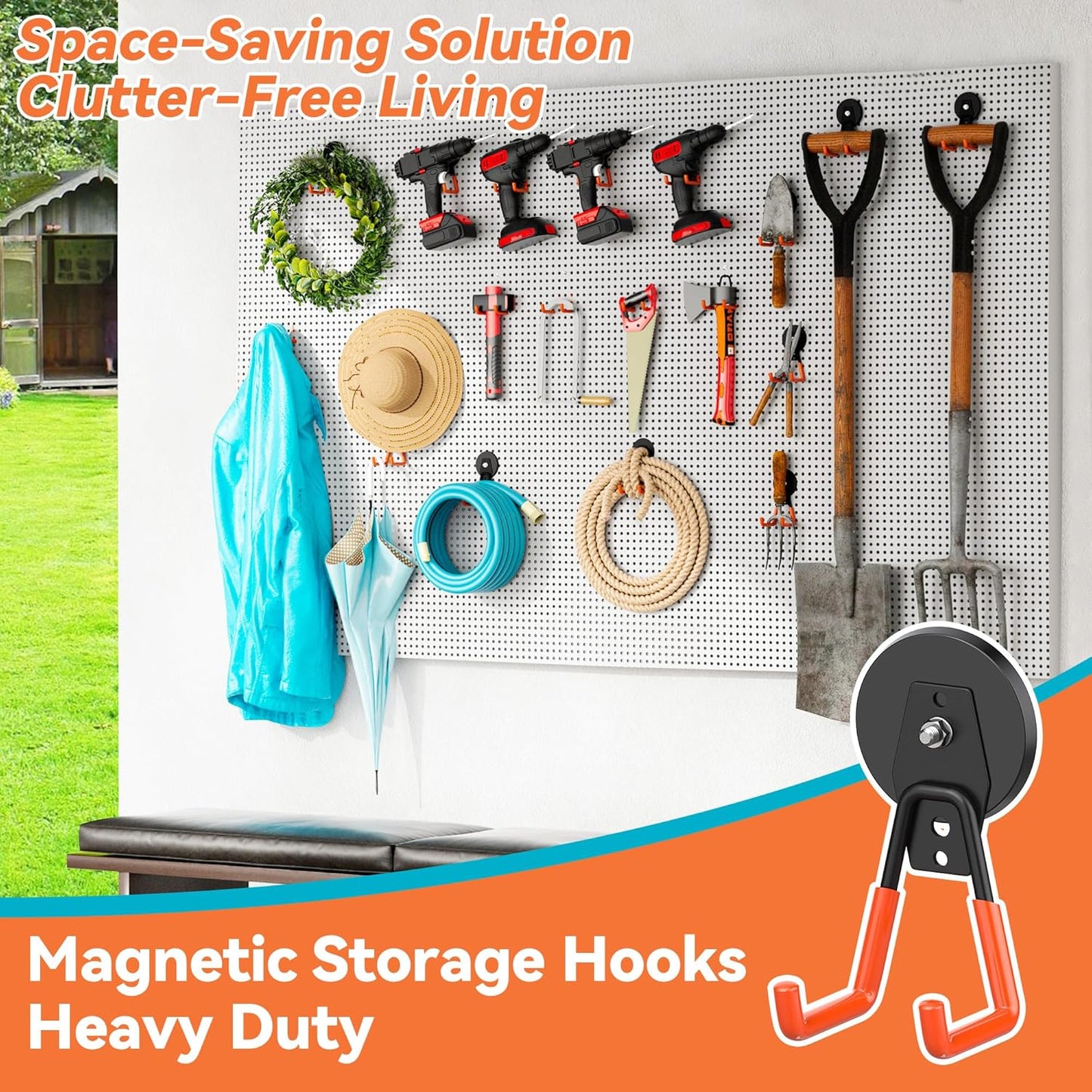 3 Pack Heavy Duty Storage Magnetic Utility Hooks, Ndfeb Strong Large Garage Magnet Hooks, Extra Big Magnetic Hook, Industrial Magnet Holder for Hanging Power Drill Broom Garden Tools Pegboard