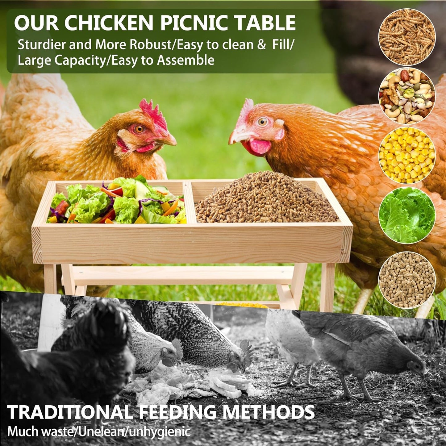 Double Chicken Picnic Table, Large Capacity Wooden Chicken Feeder No Waste, Mesh Bottom for Easy Cleanup, Suitable for Chickens, Ducks, Squirrel, Turkey