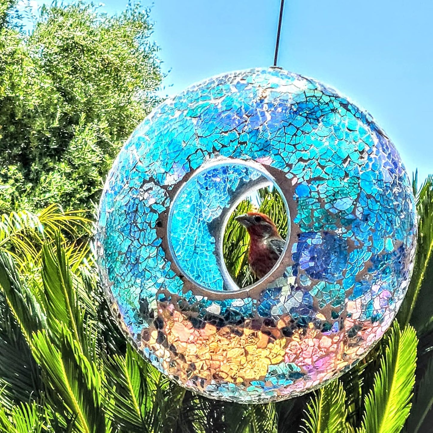 Topadorn Bird Feeder Fly Through Mosaic Round Stained-Glass Birdfeeder