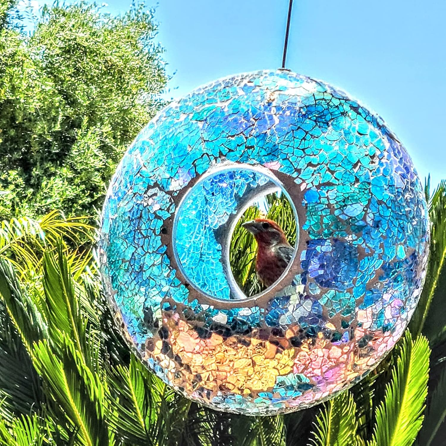 Topadorn Bird Feeder Fly Through Mosaic Round Stained-Glass Birdfeeder
