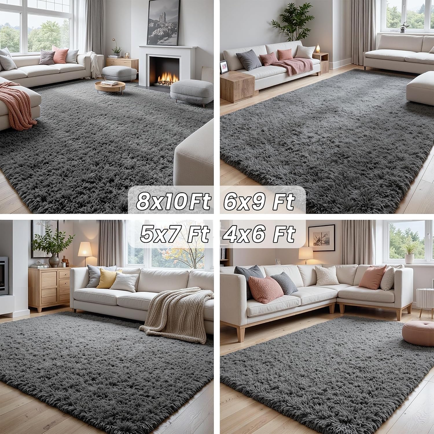8x10 Area Rugs for Living Room: Ultra Soft Fluffy Shag Grey Rugs for B