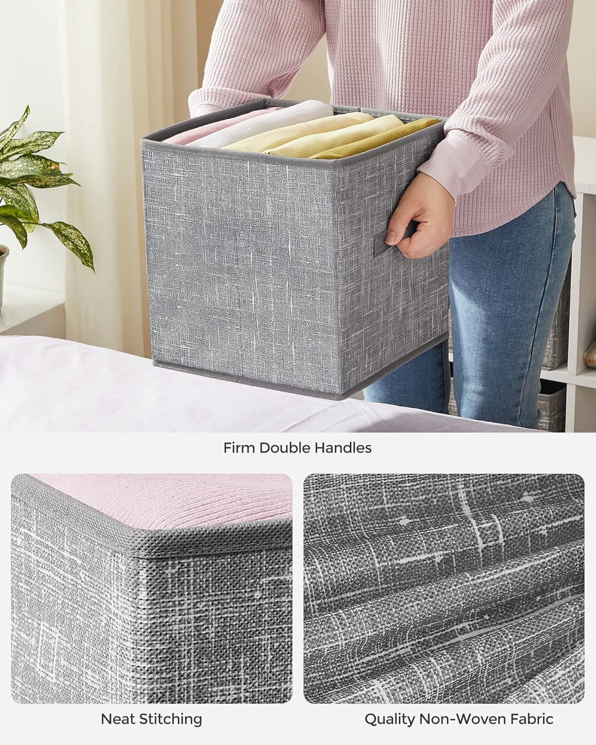 SONGMICS Storage Cubes, 11-Inch Non-Woven Fabric Bins with Double Handles, Set of 6, Closet Organizers for Shelves, Foldable, for Clothes, Cattail Gray UROB26LG