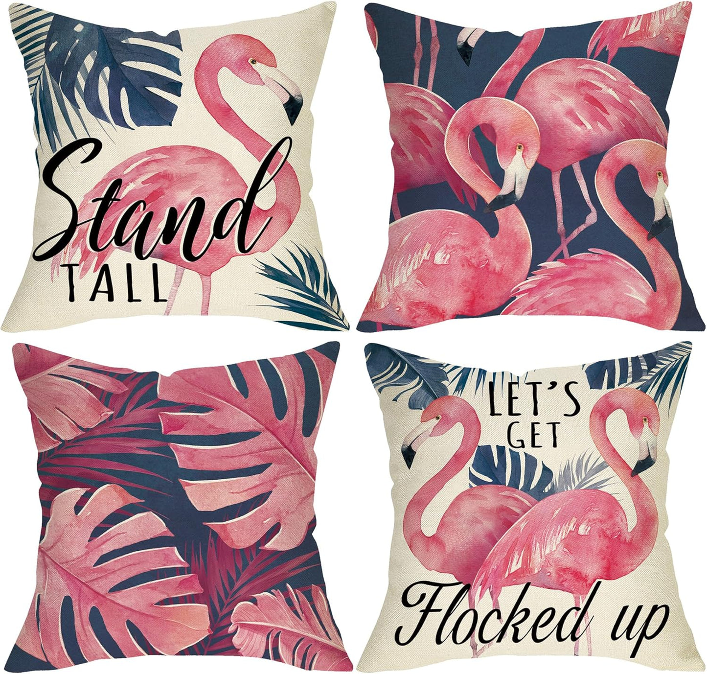 Flamingo Tropical Decorative Throw Pillow Covers 20 x 20 Set of 4, Hawaii Monstera Palm Leaves Stand Tall Porch Outdoor Home Decor, Let's Get Flocked Up Plant Couch Cushion Case
